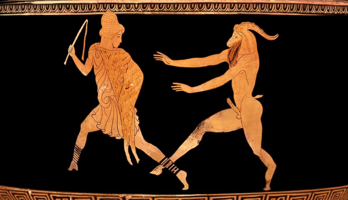 An image from an ancient Greek vase painting showing a draped figure holding a whip, being approached by the god Pan.