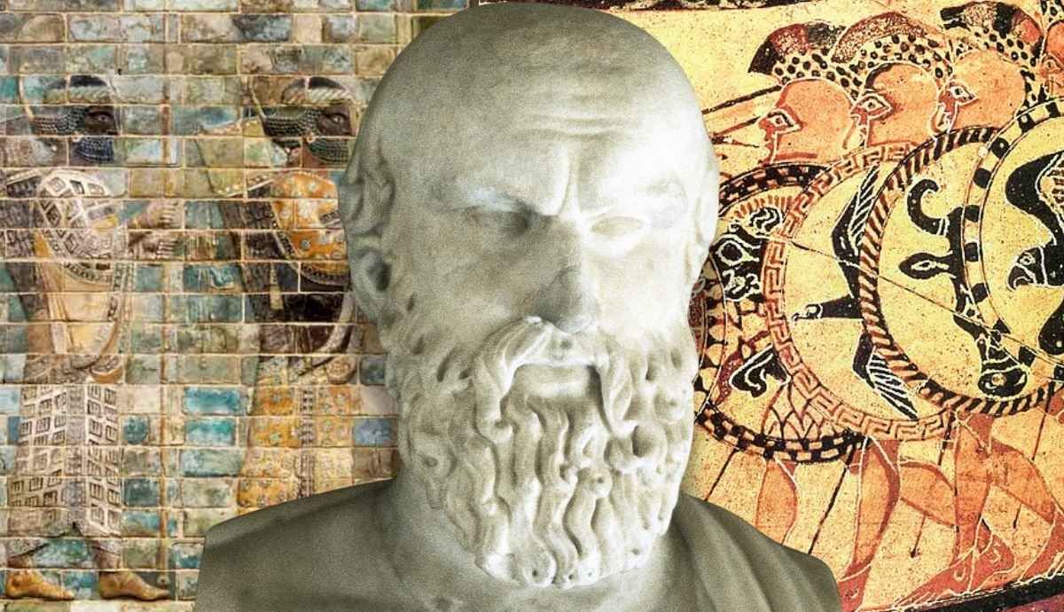 A composite image featuring a white marble bust of a bearded man, likely Aeschylus, in the center foreground. The background is divided into two sections: on the left, a portion of an ancient Persian glazed brick frieze shows archers in patterned robes; on the right, a scene from Greek red-figure pottery depicts Greek hoplites in a phalanx formation with large round shields and spears.