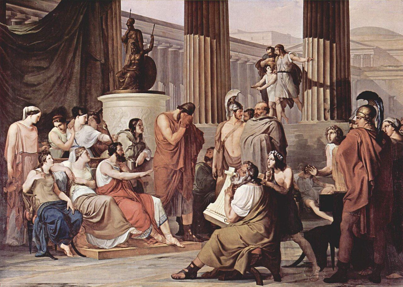 Classical painting of the blind bard Demodocus playing the lyre for Odysseus at the court of King Alcinous, representing the transmission of Homeric kleos.
