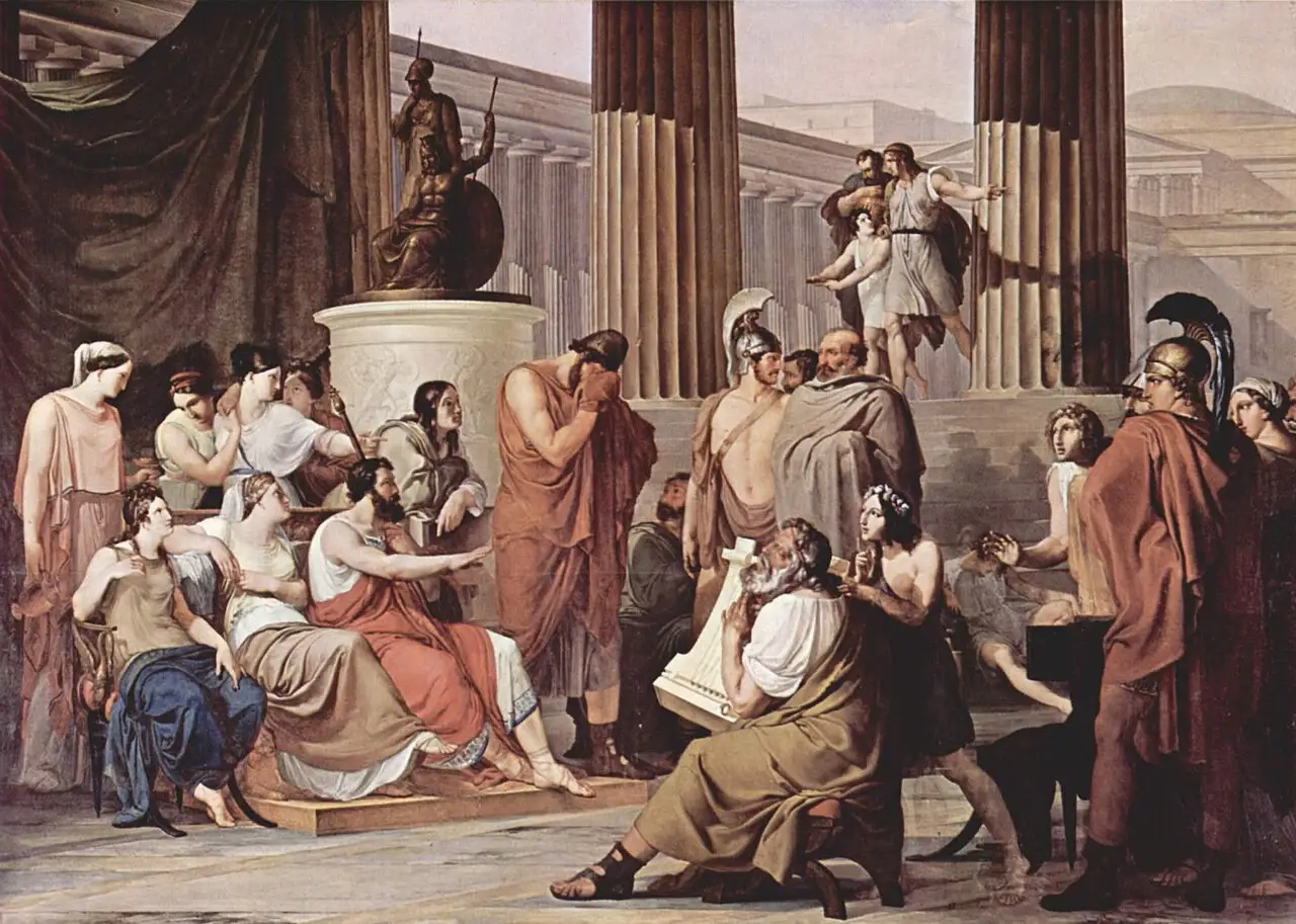 Classical painting of the blind bard Demodocus playing the lyre for Odysseus at the court of King Alcinous, representing the transmission of Homeric kleos.