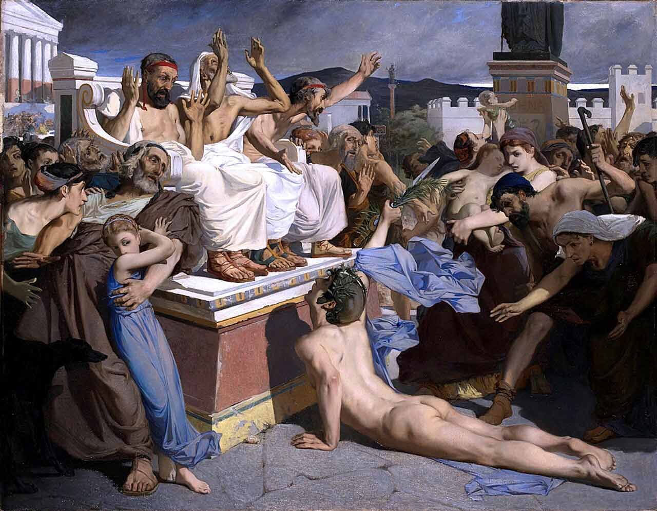 A dramatic classical painting depicting an exhausted, nude male runner wearing a laurel wreath collapsing on the ground before a group of seated, white-robed elders. The runner holds a leafy branch while a surrounding crowd reacts with shock and raised hands, set against a backdrop of ancient architecture and a dark sky.   