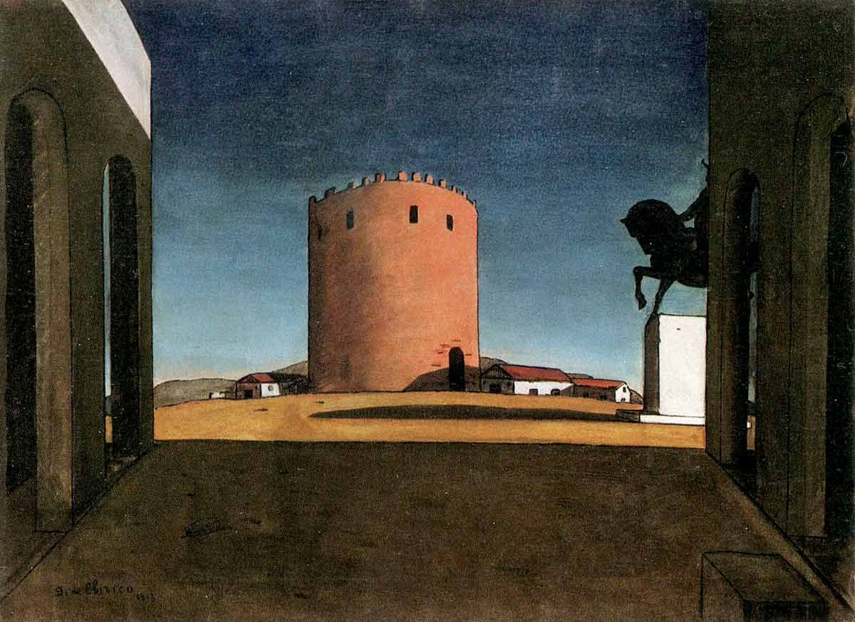Giorgio de Chirico’s painting 'The Red Tower,' featuring a desolate Italian piazza with a central tower and an equestrian statue. The surreal, dreamlike architecture serves as a visual example of Foucault's heterotopia and the concept of 'other spaces.