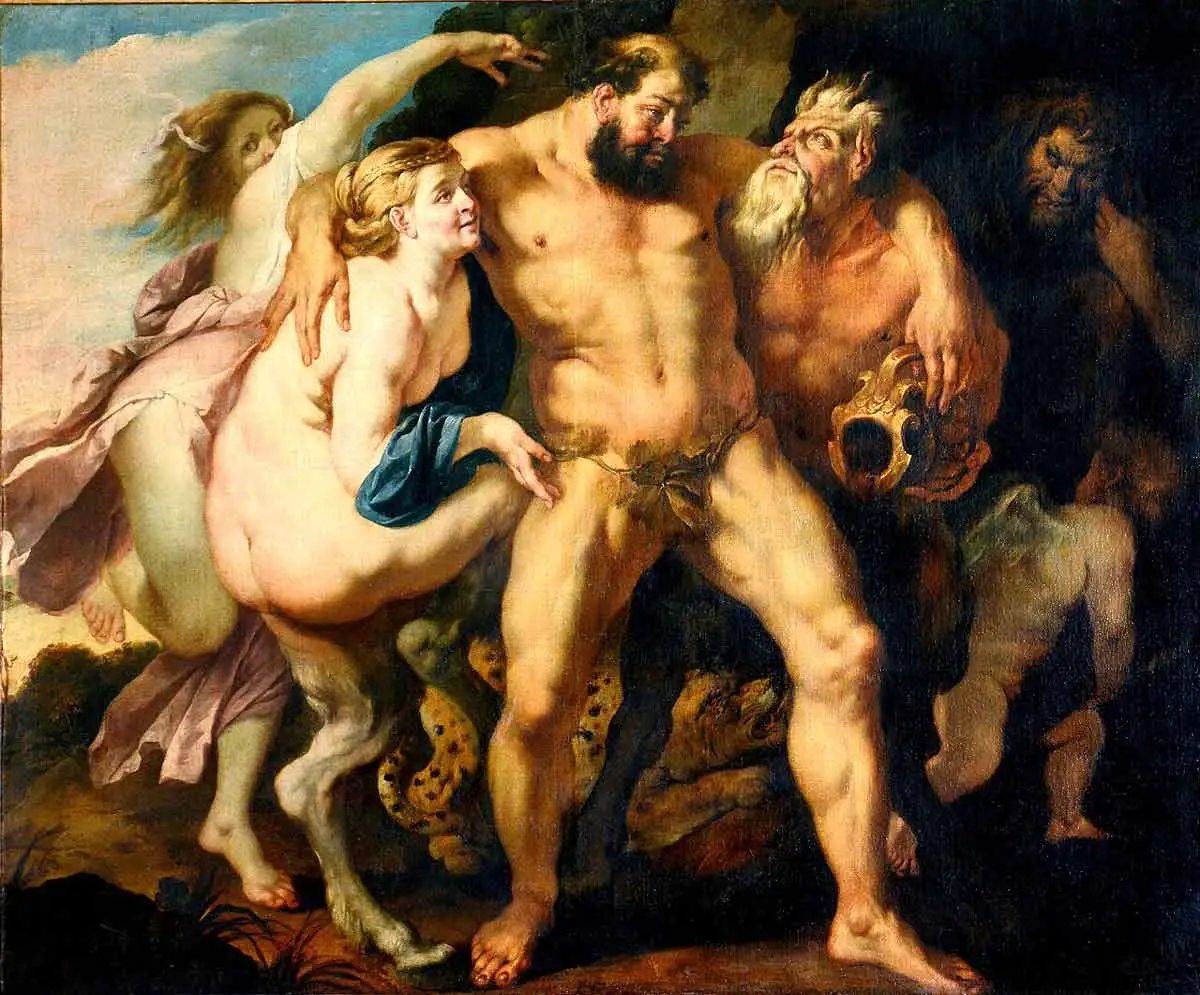 A classical Baroque oil painting showing a muscular, bearded Heracles staggering while heavily intoxicated. He is supported under his arms by an elderly, bearded satyr holding a golden vessel and a female centaur draped with a blue cloth. A nymph dances in the background on the left, while other mythical figures follow behind in a darkened landscape.