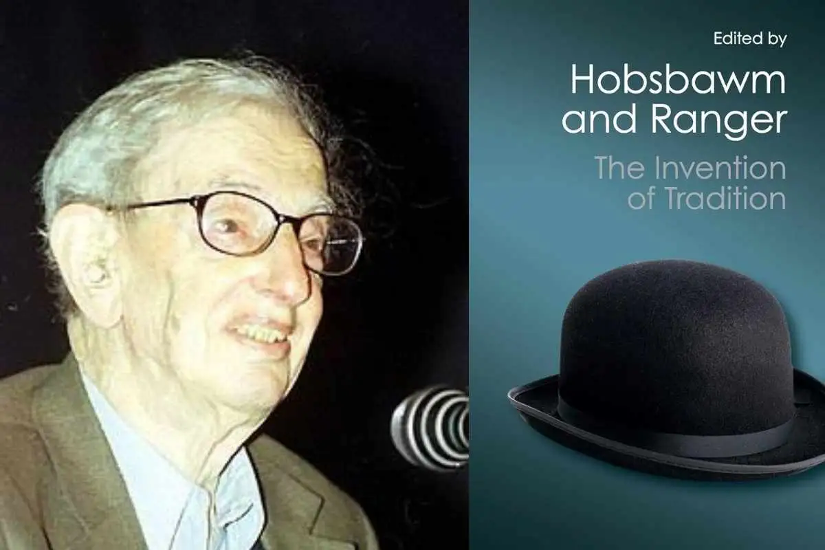 Hobsbawm next to the cover of Invented Tradition.
