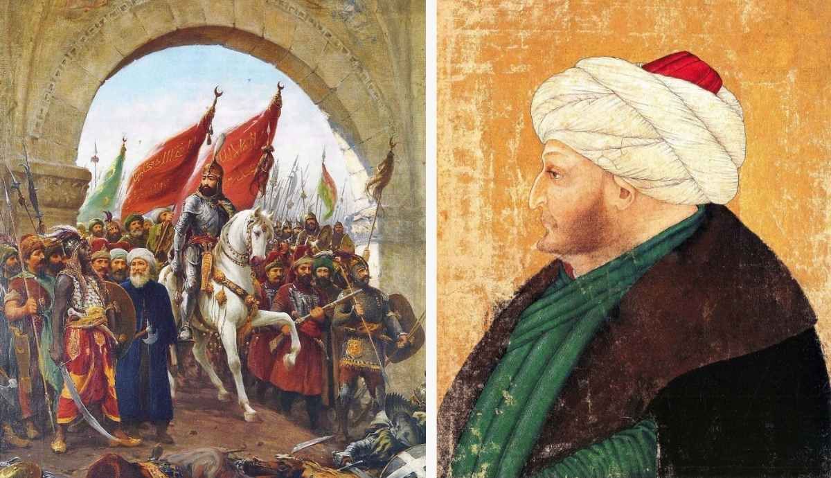 A split-screen image showing Fausto Zonaro’s painting of Sultan Mehmed II entering Constantinople on a white horse on the left, and a classic profile portrait of Mehmed II wearing a white turban on the right.