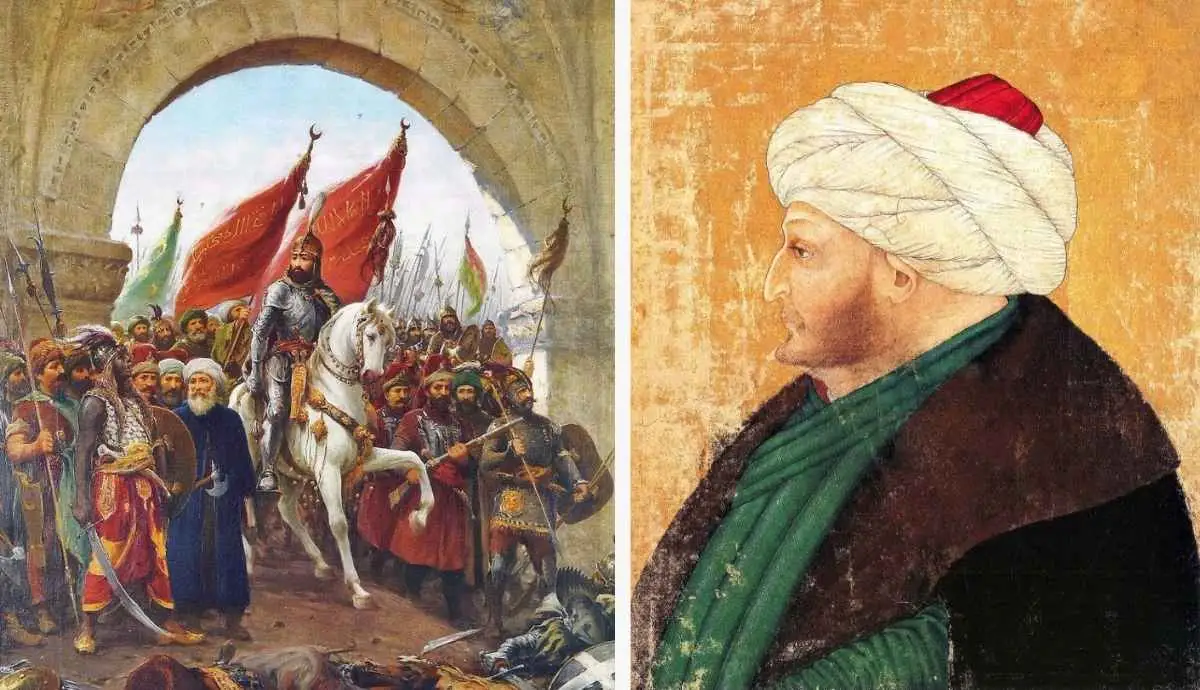 A split-screen image showing Fausto Zonaro’s painting of Sultan Mehmed II entering Constantinople on a white horse on the left, and a classic profile portrait of Mehmed II wearing a white turban on the right.