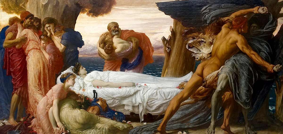 A dramatic classical oil painting set on a coastline. In the center, a pale woman wearing a white gown lies on a draped bier, appearing deceased. To her left, a group of mourners in colorful red, peach, and blue robes cluster together, hiding their faces in grief. On the far right, a highly muscular, nude man violently wrestles a dark-cloaked, winged spectral figure.