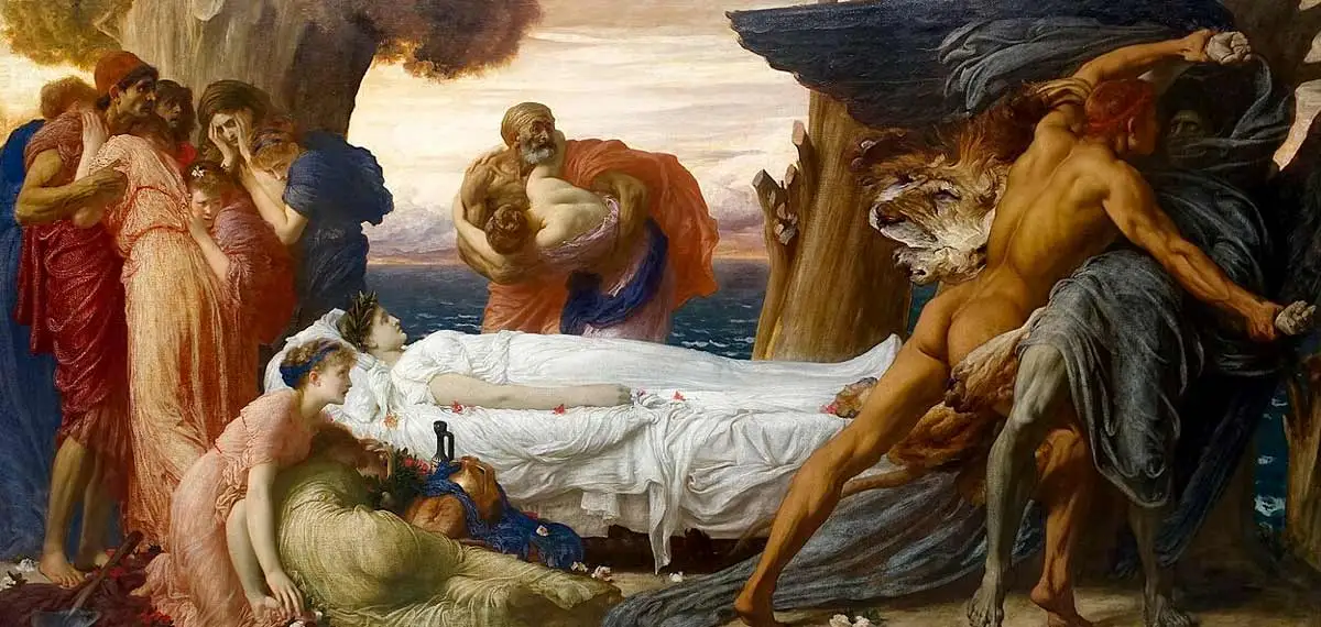 A dramatic classical oil painting set on a coastline. In the center, a pale woman wearing a white gown lies on a draped bier, appearing deceased. To her left, a group of mourners in colorful red, peach, and blue robes cluster together, hiding their faces in grief. On the far right, a highly muscular, nude man violently wrestles a dark-cloaked, winged spectral figure.