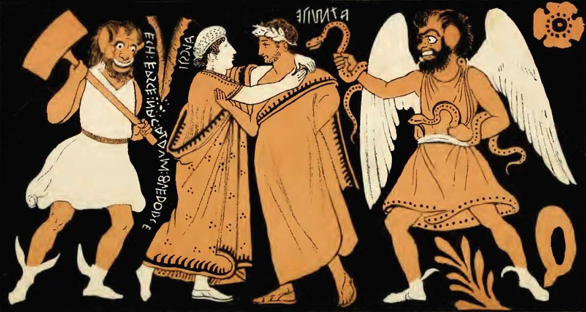 An illustration styled like ancient red-figure pottery against a black background. In the center, a man and a woman in draped classical robes embrace. They are flanked by two monstrous figures: on the left, a creature with animalistic ears and a tunic holds a large mallet, and on the right, a winged, bearded figure grasps coiled snakes. Ancient script floats in the space between the central and left figures.