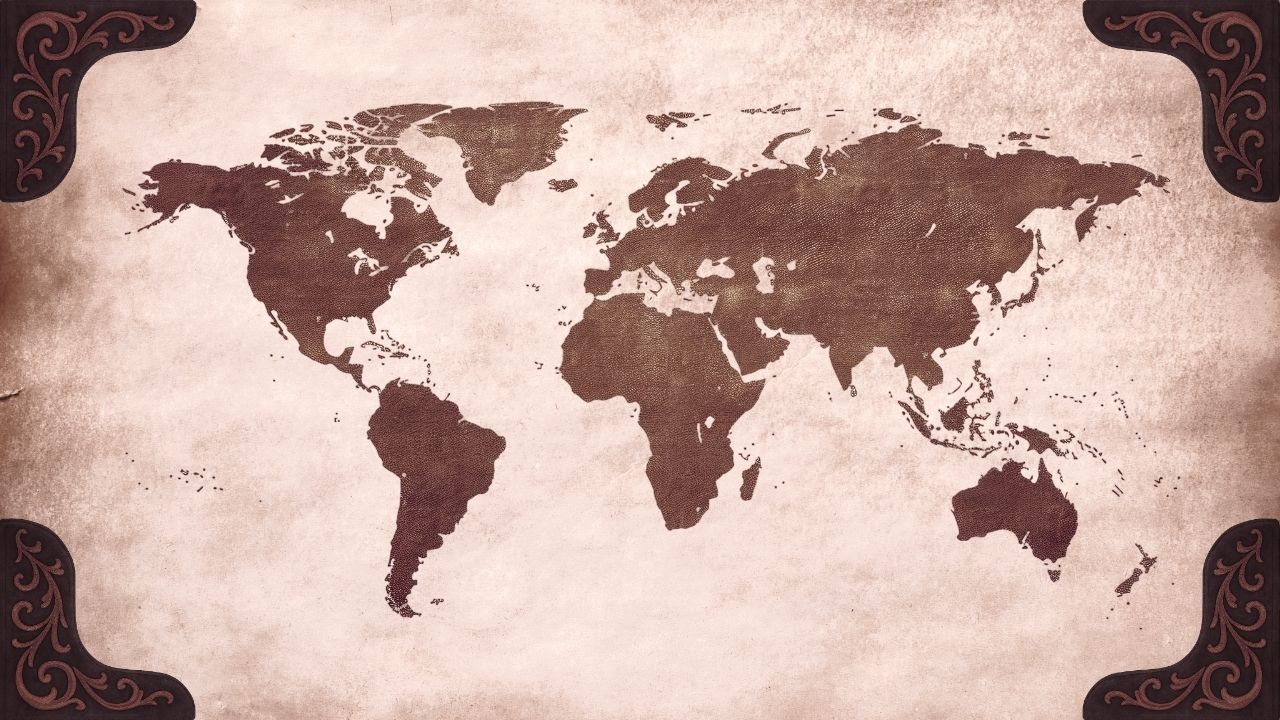 A vintage-style map of the world rendered in solid brown against a textured, pale, parchment-like background. The four corners of the image are framed by dark brown, ornate, filigree-style corner pieces.