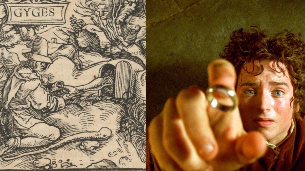 A split image showing an antique woodcut illustration labeled 'GYGES' on the left, depicting a man reaching into a chasm. On the right is a still from The Lord of the Rings films showing Frodo Baggins holding the gold One Ring out in front of his face with a captivated expression.