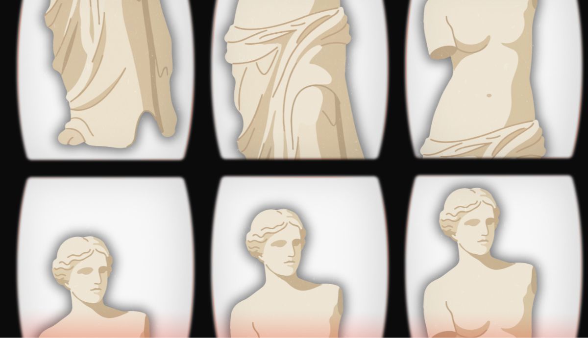 Six identical illustrated panels showing different cropped sections of the Venus de Milo statue.