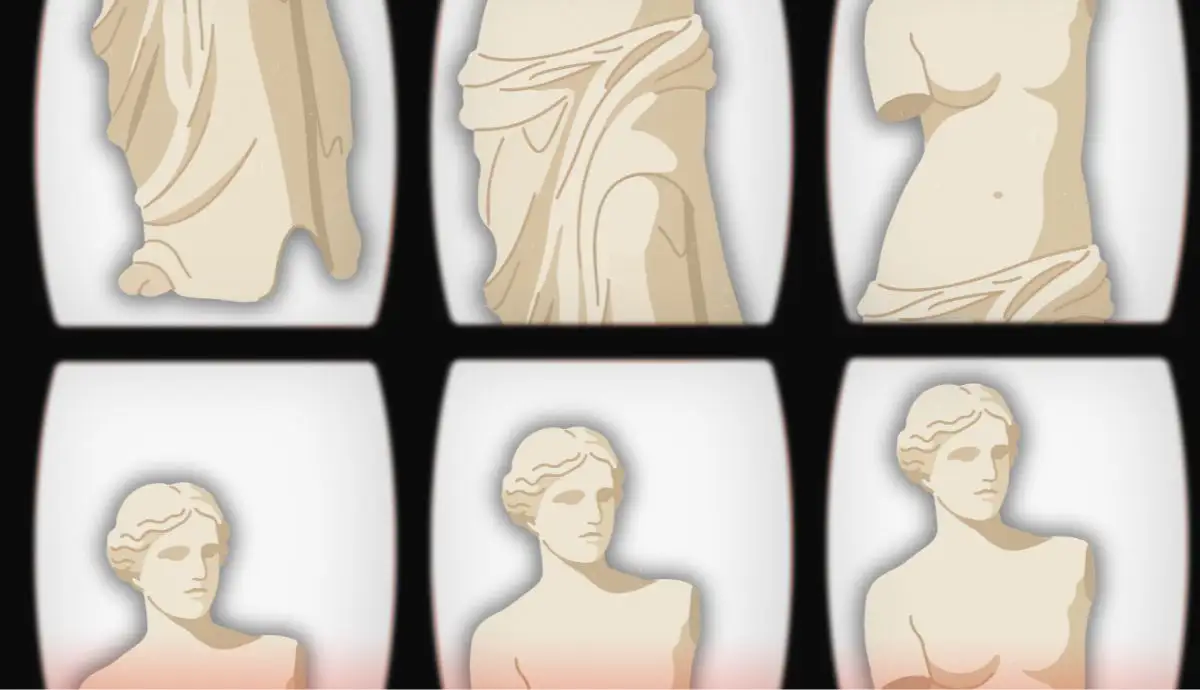 Six identical illustrated panels showing different cropped sections of the Venus de Milo statue.