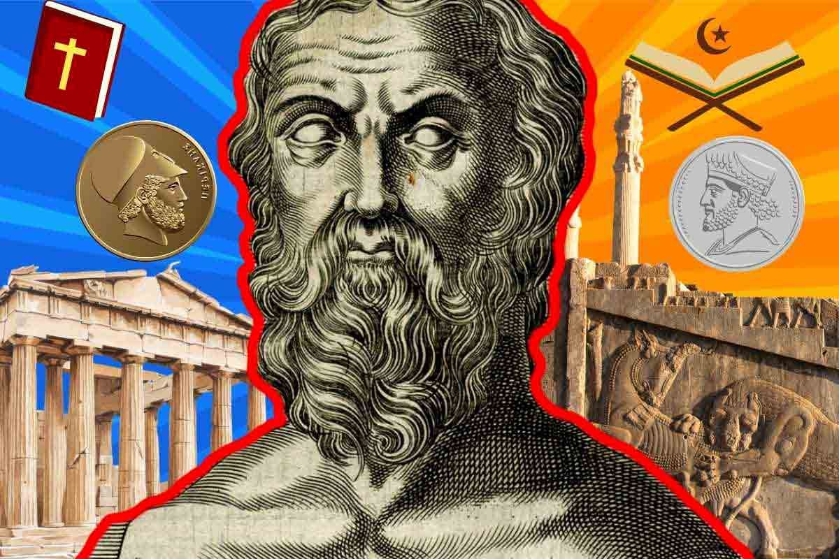 A collage symbolizing the East-West divide with a central red-outlined bust of Herodotus. The left side features a blue background with the Parthenon, a Bible, and an ancient Greek coin. The right side features an orange background with the ruins of Persepolis, a Quran, and a Persian coin.