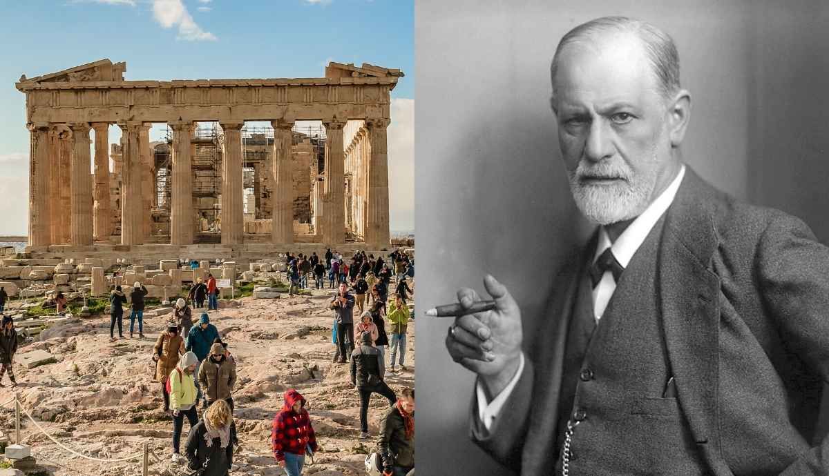 A side-by-side composite image. On the left is a modern color photograph of the Parthenon in Athens, with many tourists walking on the rocky ground in front of it. On the right is a black-and-white portrait of Sigmund Freud holding a cigar and wearing a suit.