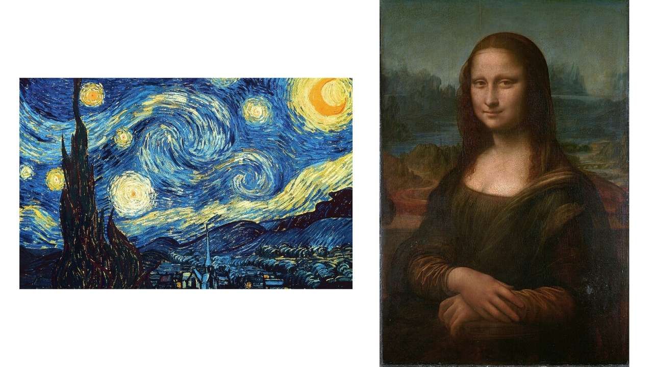 Side-by-side images of two famous canonical art pieces: Vincent van Gogh's "The Starry Night" on the left and Leonardo da Vinci's "Mona Lisa" on the right.