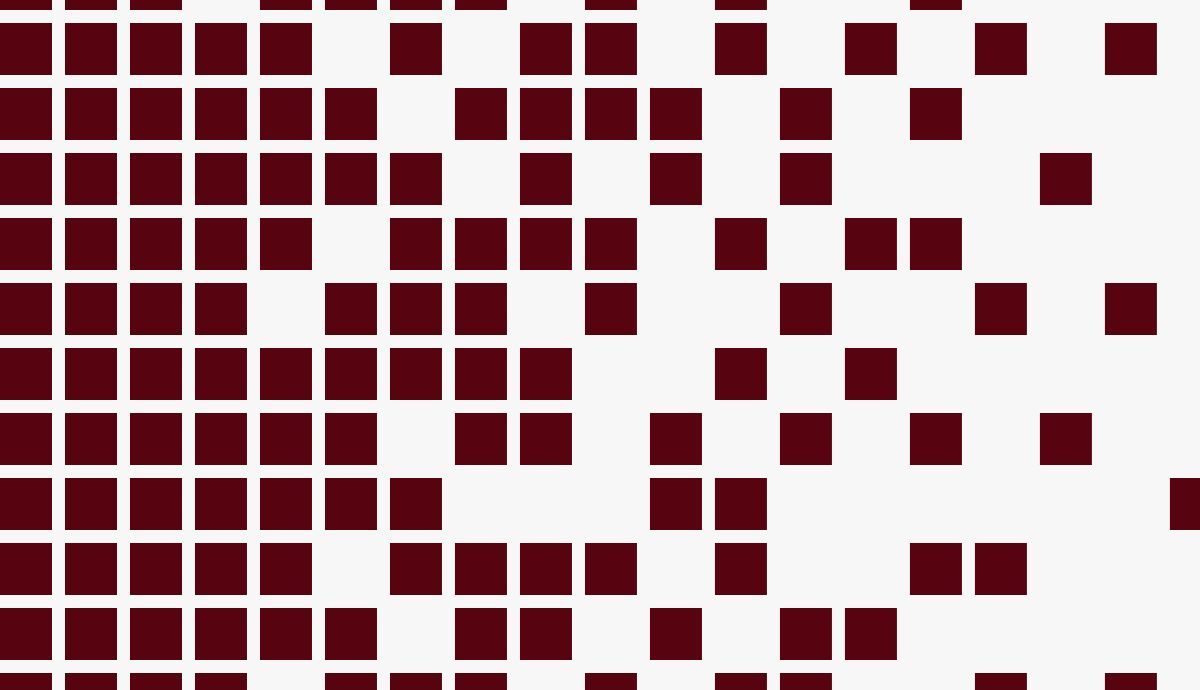 Abstract digital pattern of dark red squares on a white background scattering and dissolving to the right side, representing a crumbling mosaic.