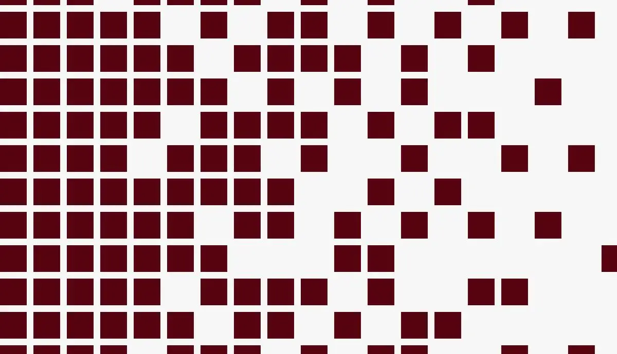 Abstract digital pattern of dark red squares on a white background scattering and dissolving to the right side, representing a crumbling mosaic.