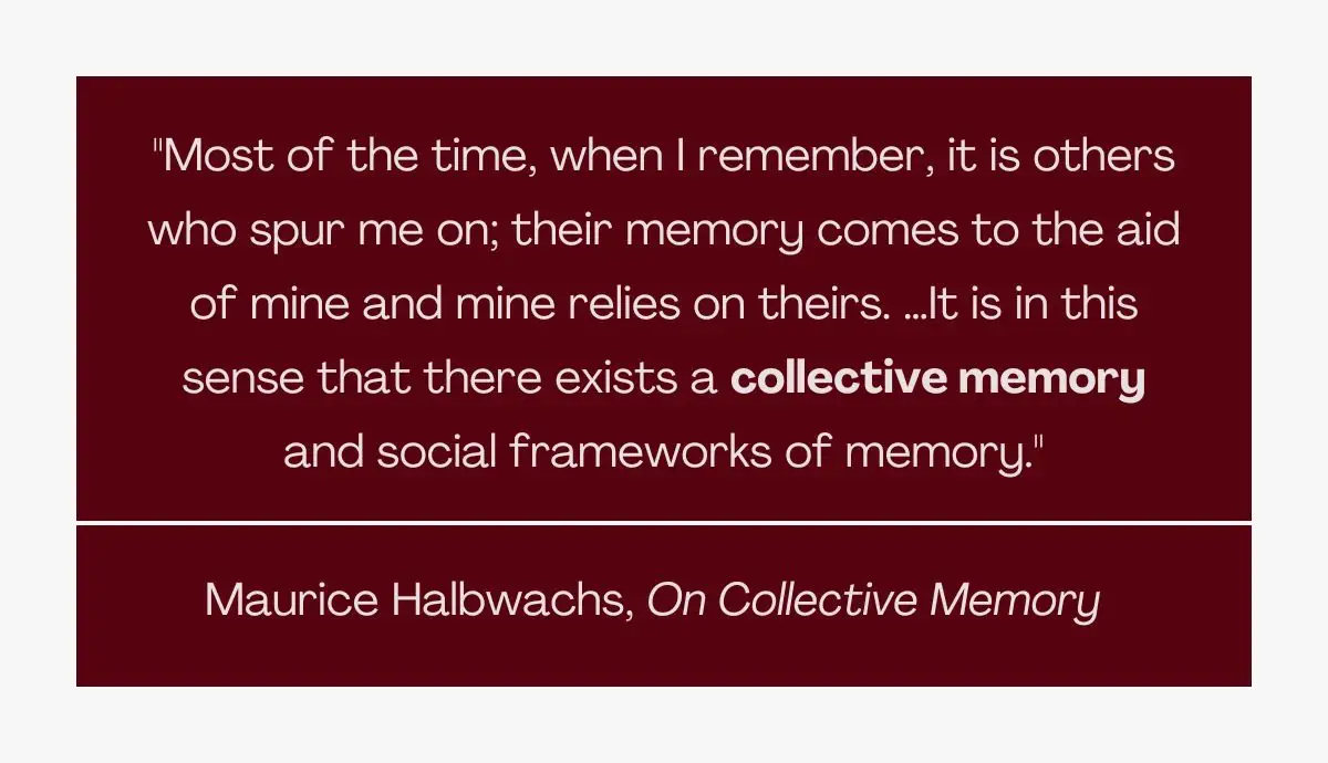 Graphic with a dark red background featuring a quote by Maurice Halbwachs on collective memory and the social frameworks of memory.