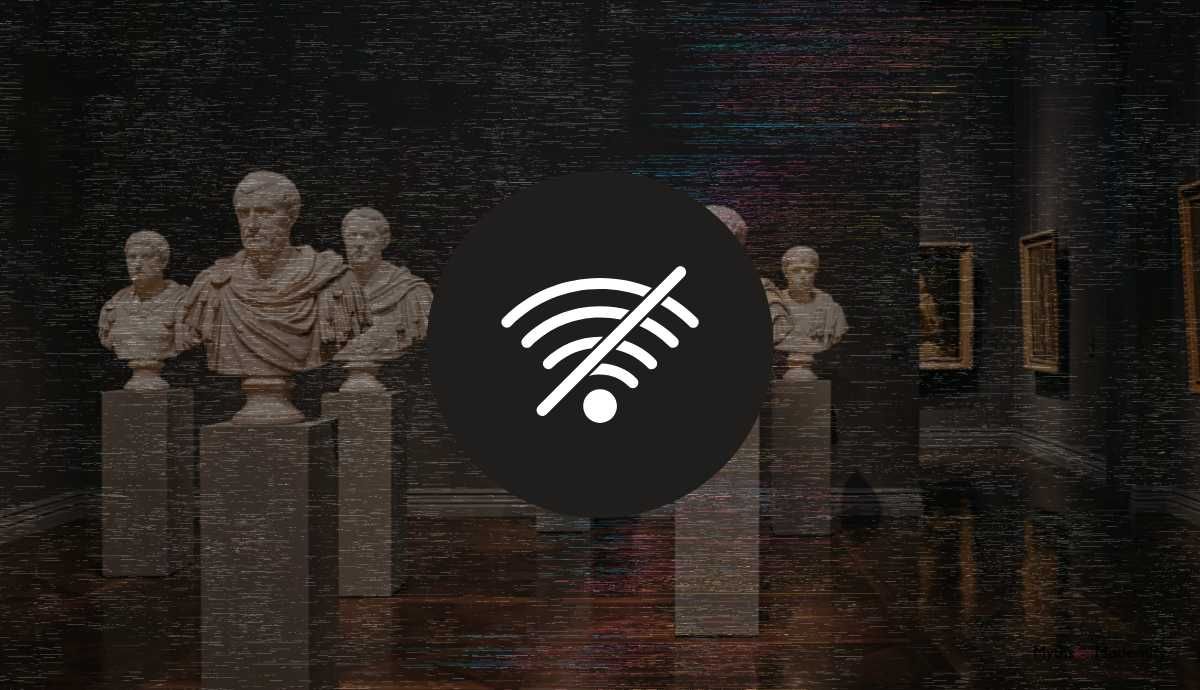 A dark, grainy museum gallery featuring marble Roman busts, overlaid with a 'No Wi-Fi' strike-through icon, symbolizing the crisis of digital invisibility and the disconnect between physical heritage and searchability.