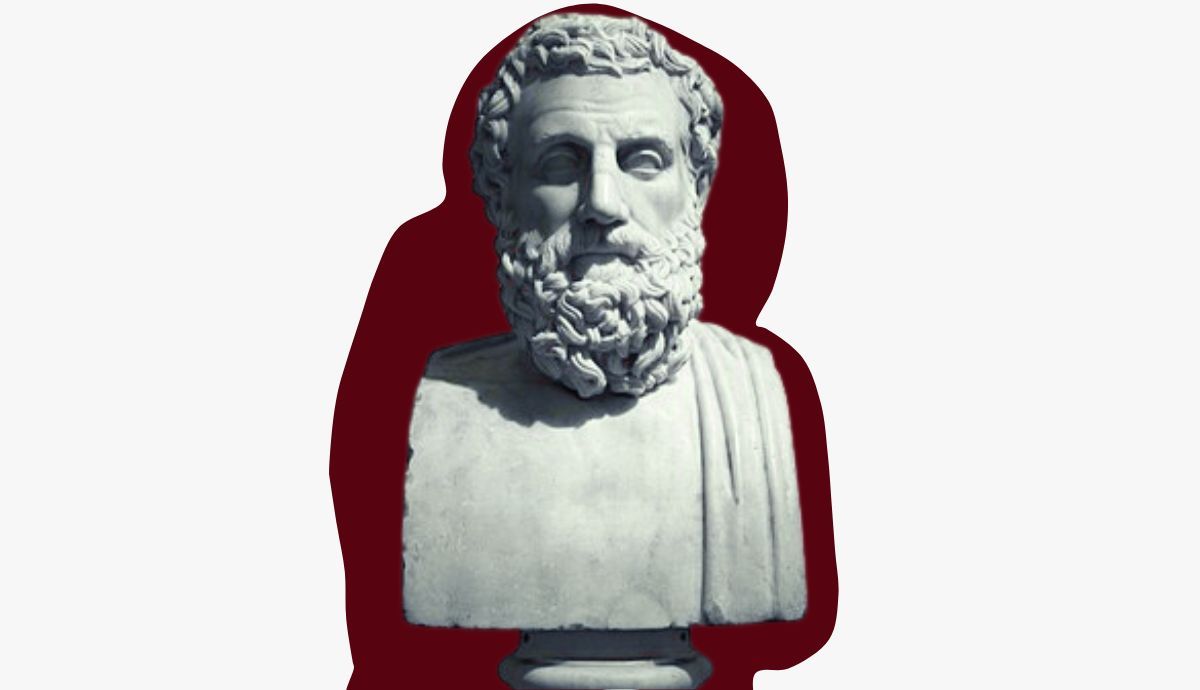 A front-facing white marble sculpted bust of the bearded ancient Greek tragic playwright Aeschylus, set against a dark red silhouette backdrop on a clean white background