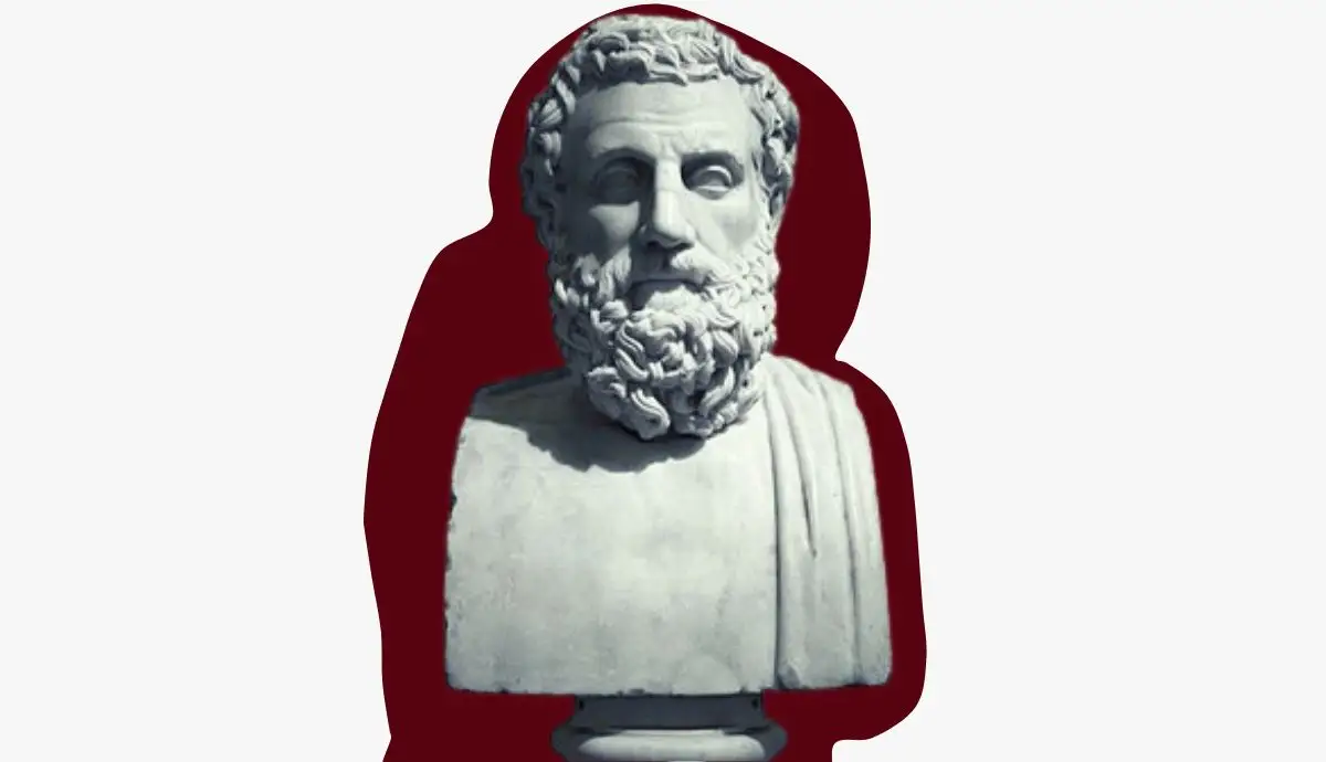 A front-facing white marble sculpted bust of the bearded ancient Greek tragic playwright Aeschylus, set against a dark red silhouette backdrop on a clean white background