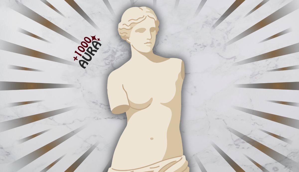 Illustration of the Venus de Milo statue with the text plus 1000 Aura in a pop-art style with radial lines.