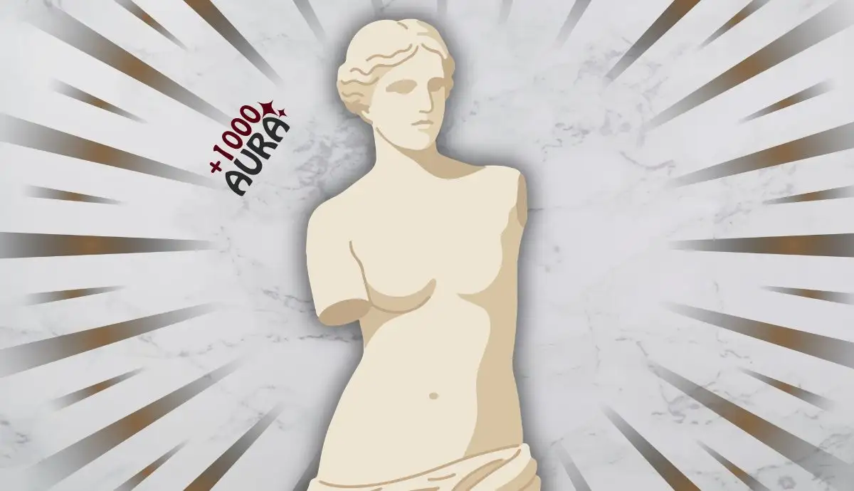 Illustration of the Venus de Milo statue with the text plus 1000 Aura in a pop-art style with radial lines.