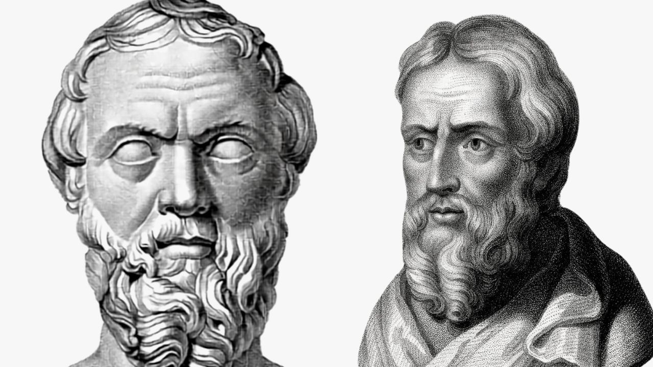 Two classical portraits of Herodotus side-by-side against a plain white background. On the left is a sculpted stone bust of a bearded man with blank eyes. On the right is a detailed, stippled engraving of a bearded man draped in a tunic, looking off to his left.