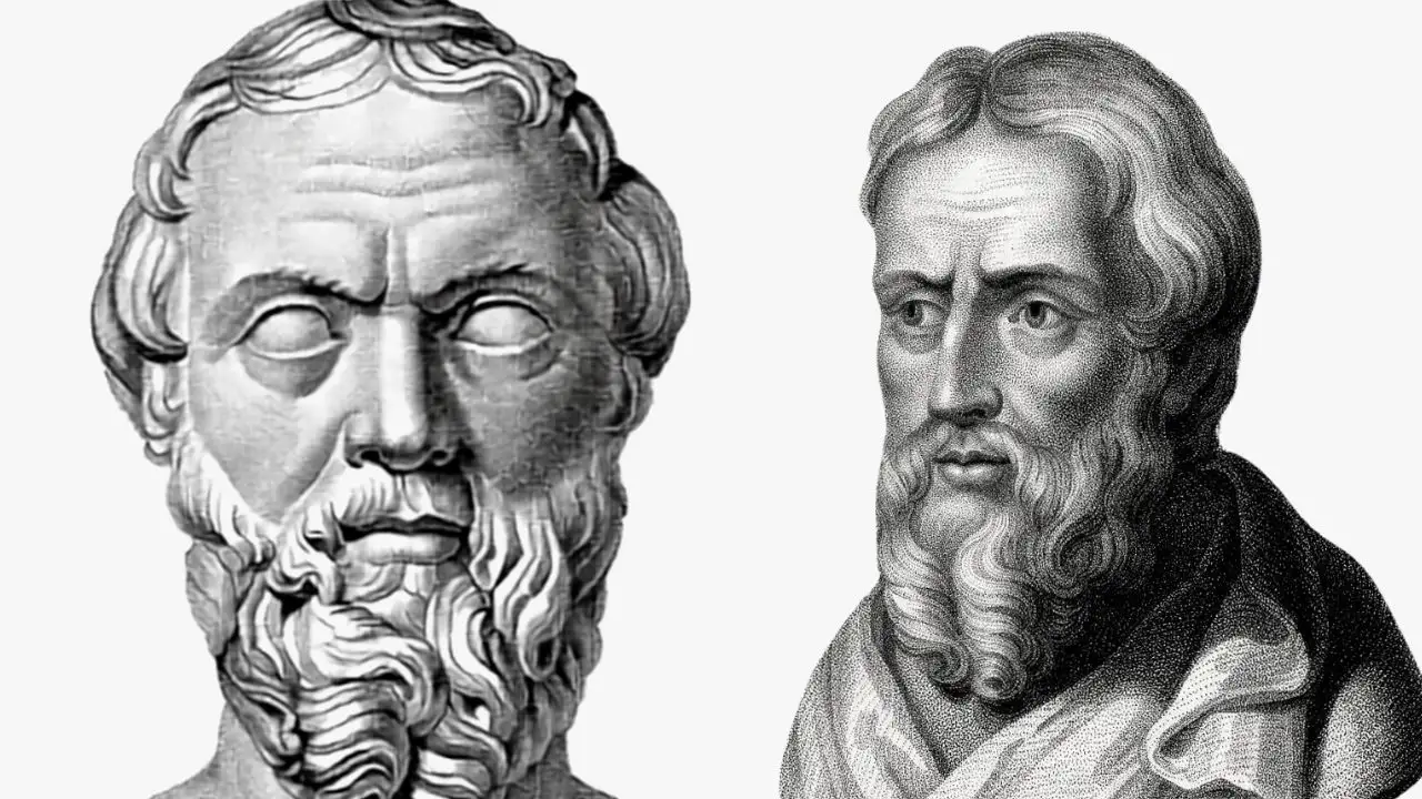 Two classical portraits of Herodotus side-by-side against a plain white background. On the left is a sculpted stone bust of a bearded man with blank eyes. On the right is a detailed, stippled engraving of a bearded man draped in a tunic, looking off to his left.