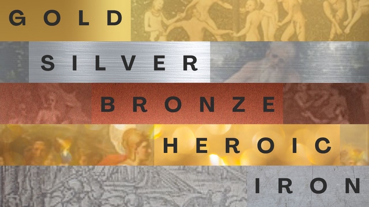 A graphic composed of five stacked horizontal banners. From top to bottom, the banners read "GOLD" on a yellow background, "SILVER" on brushed metal, "BRONZE" on a textured copper surface, "HEROIC" on a glowing golden background, and "IRON" on scratched grey steel. Each banner features faint, faded imagery of classical figures or scenes beneath the text.