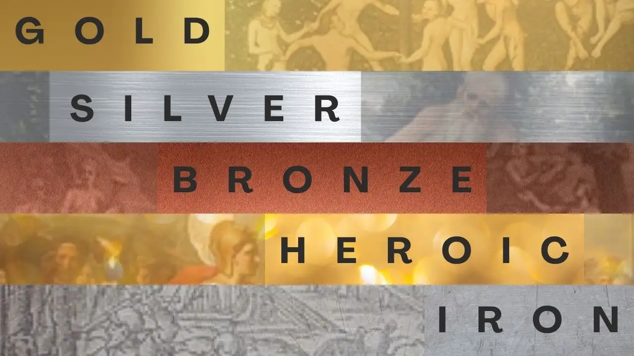 A graphic composed of five stacked horizontal banners. From top to bottom, the banners read "GOLD" on a yellow background, "SILVER" on brushed metal, "BRONZE" on a textured copper surface, "HEROIC" on a glowing golden background, and "IRON" on scratched grey steel. Each banner features faint, faded imagery of classical figures or scenes beneath the text.