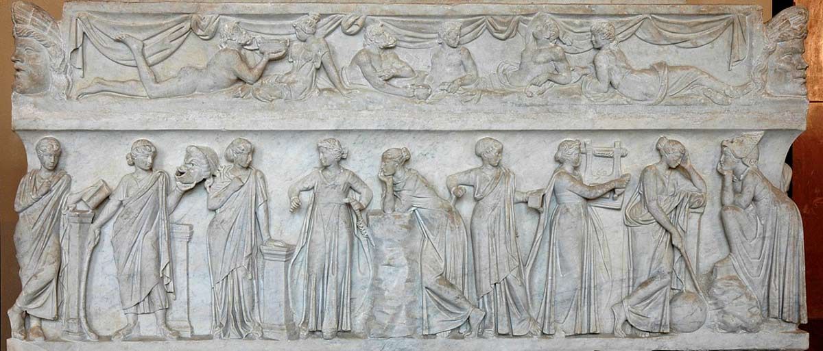 Sarcophagus known as the "Muses Sarcophagus", representing the nine Muses and their attributes. Marble, first half of the 2nd century AD