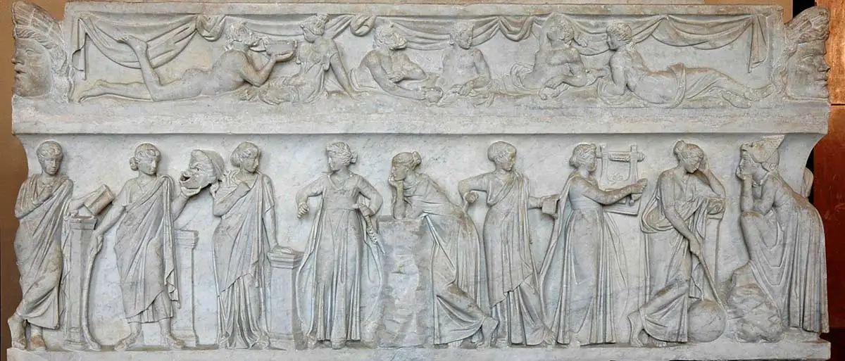 Sarcophagus known as the "Muses Sarcophagus", representing the nine Muses and their attributes. Marble, first half of the 2nd century AD