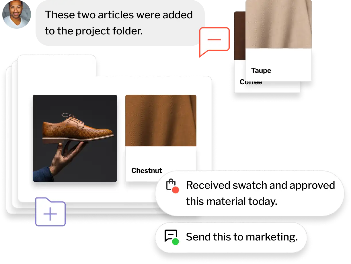 Depiction of a folder containing image of a brown leather shoe and accompanying swatch. Around the folder is a chat bubble and status messages, showing team approval