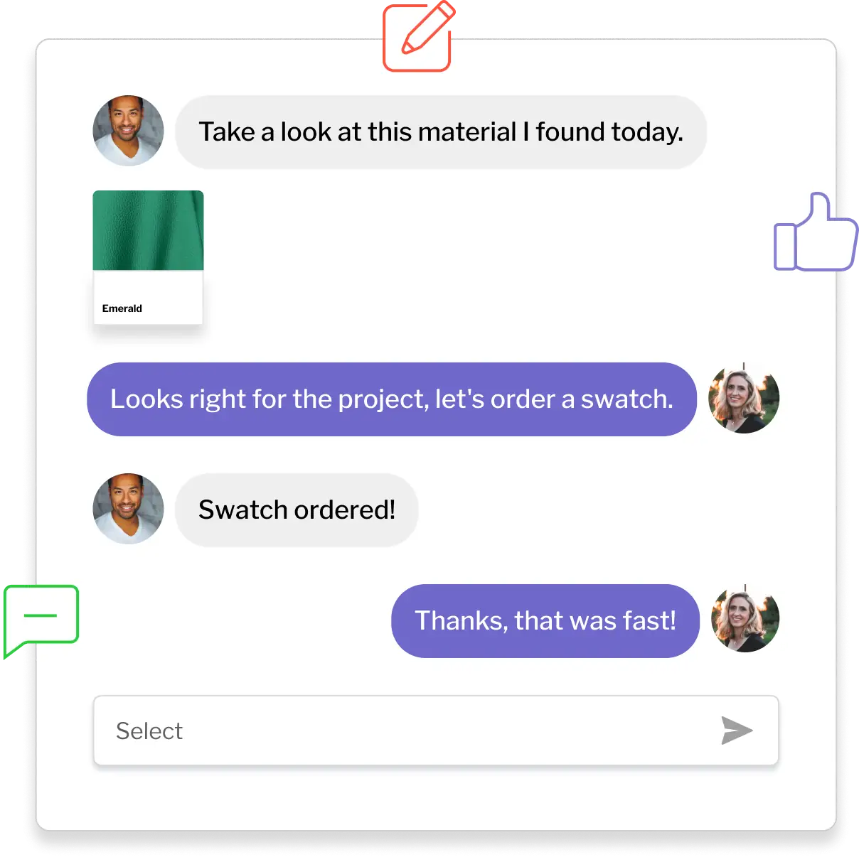 UI depicting a chat between two people, discussing a material swatch, which is embedded in the chat.
