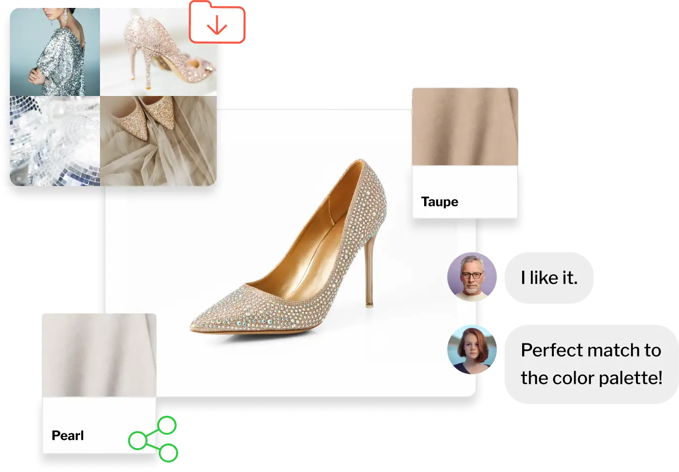 A couture heel surrounded by material swatches and inspirational moodboard imagery, with a chat overlaid.