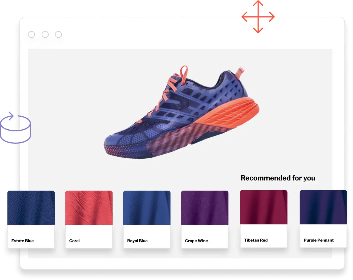 A modern sneaker design shown in an app window, with different material swatches below under "Recommended for you"