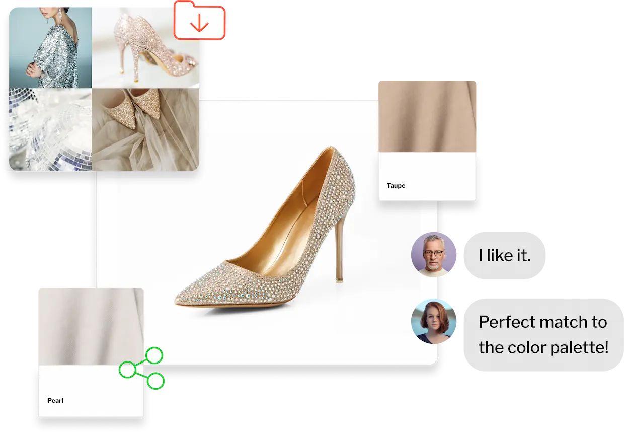A couture heel surrounded by material swatches and inspirational moodboard imagery, with a chat overlaid.