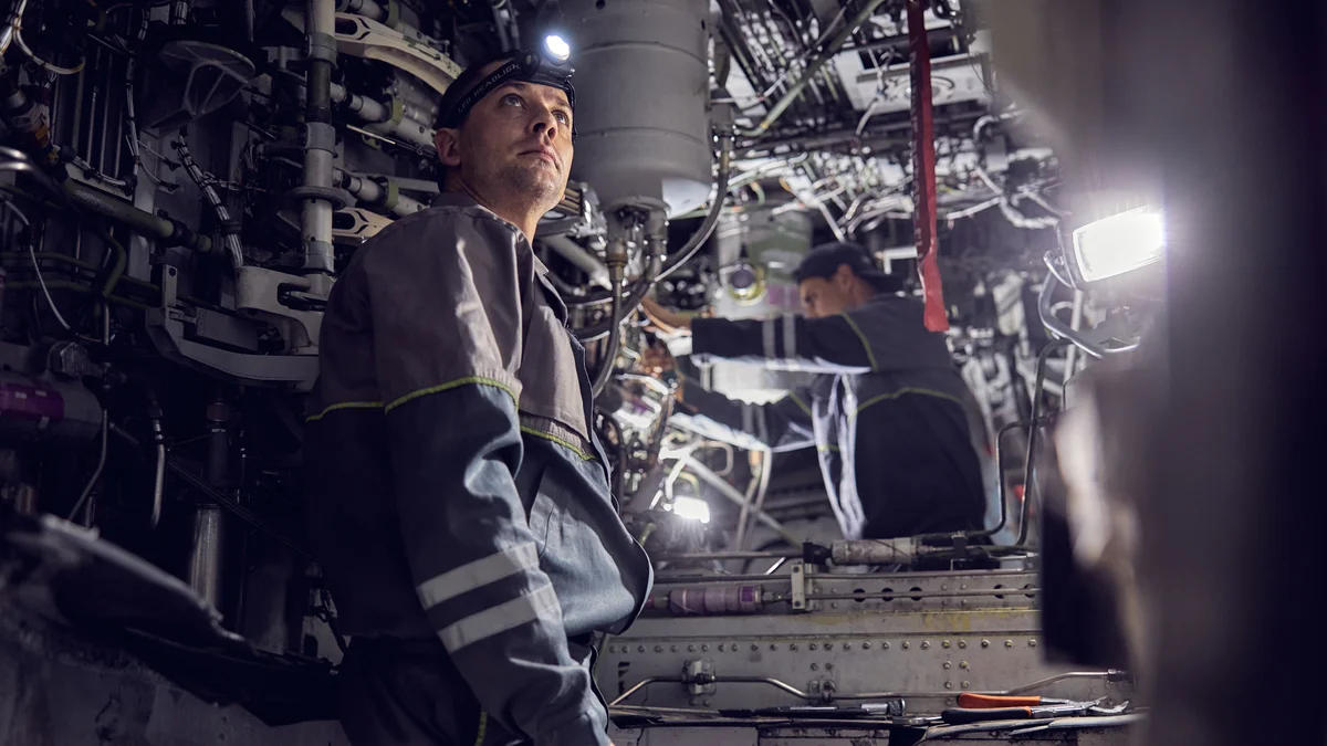 Aerospace professional performing engine repair in the field