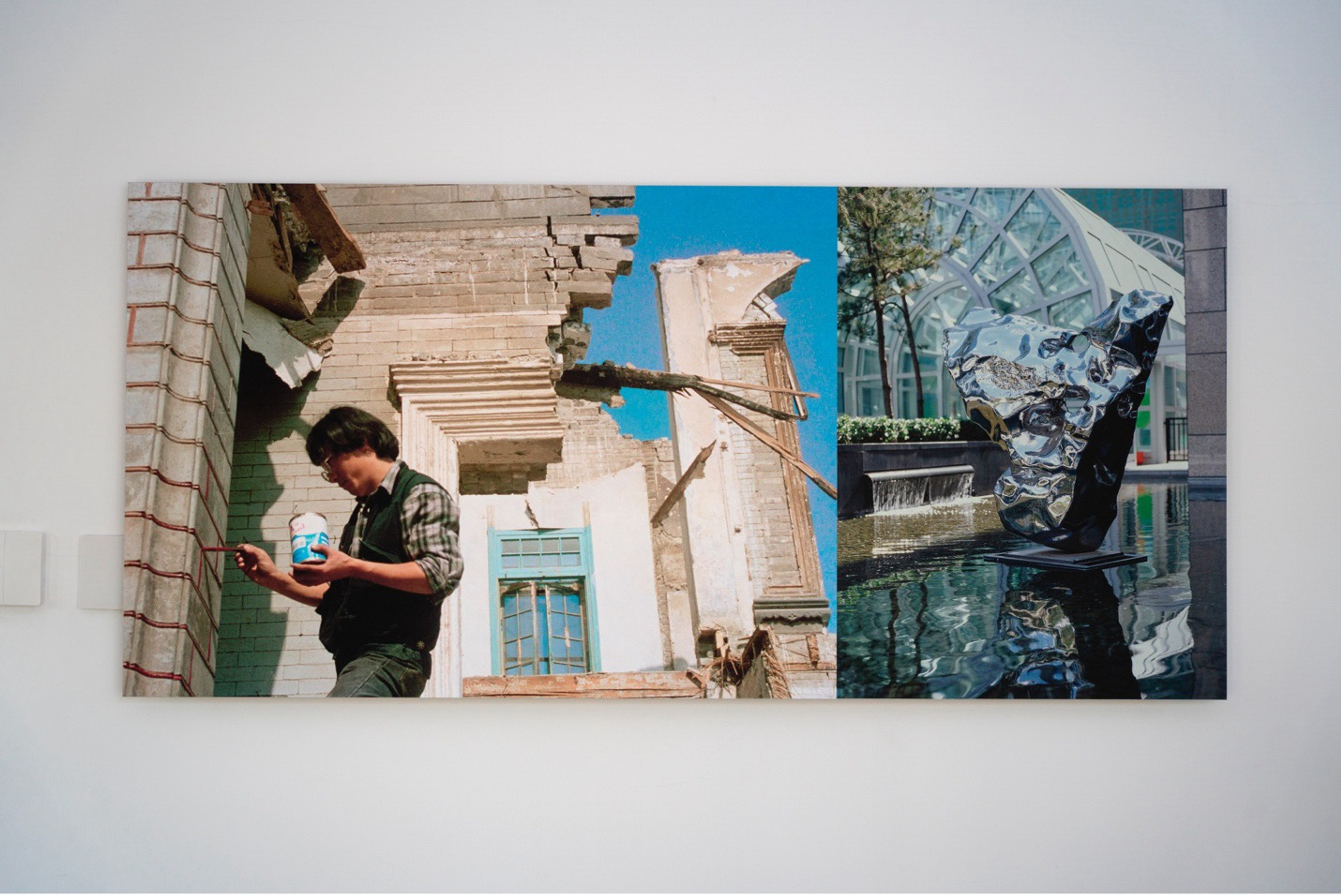 The artist repainting the brick joints during 94 Ruin Cleaning Project (left), and the scholar's rock collected by Oriental Plaza, built on the same site (right), 129×60cm, Zhan Wang, 1994–2000.