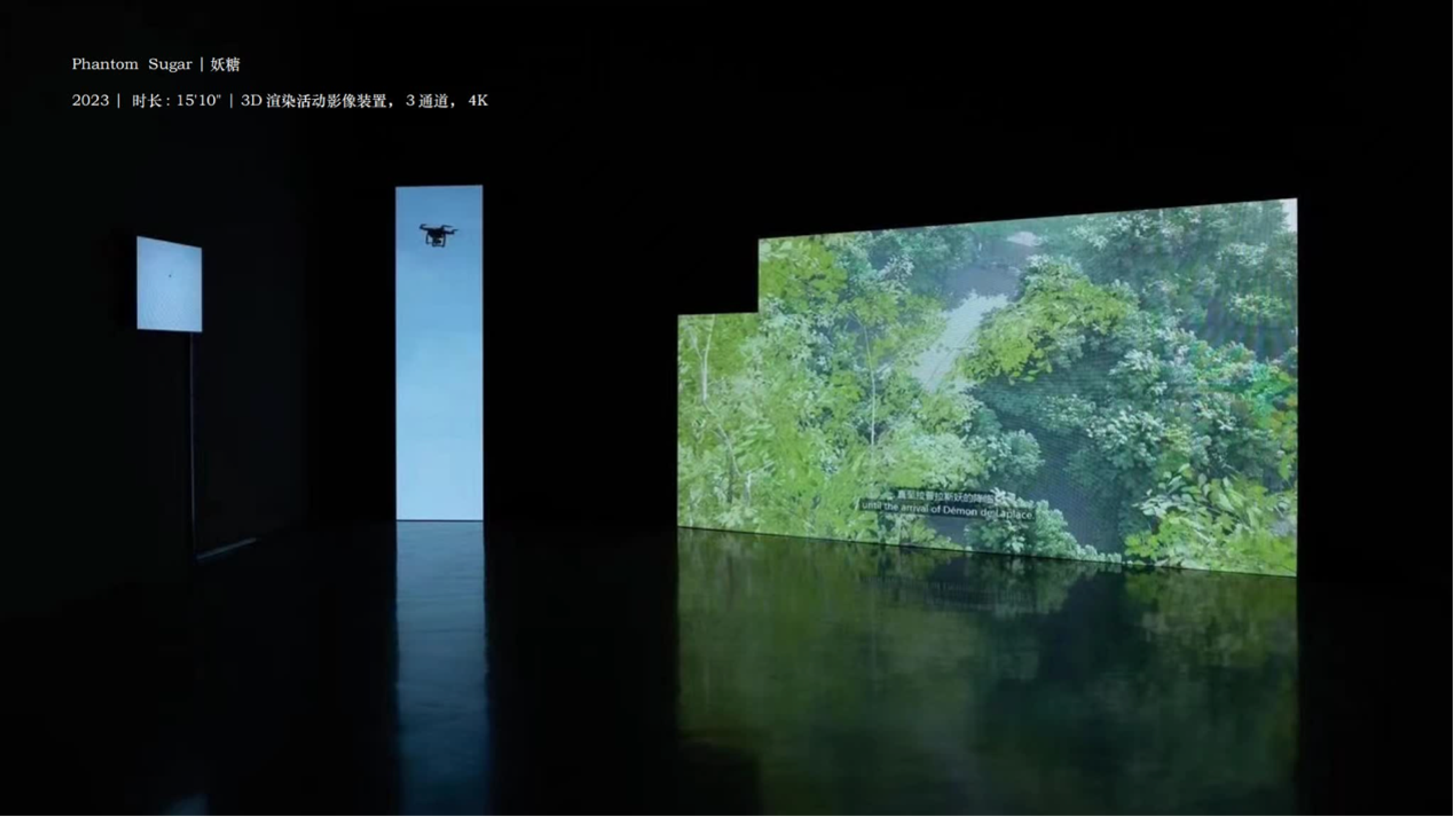 Demon Sugar, 3-channel 4K video installation with 3D rendering, Cao Shu, 2023