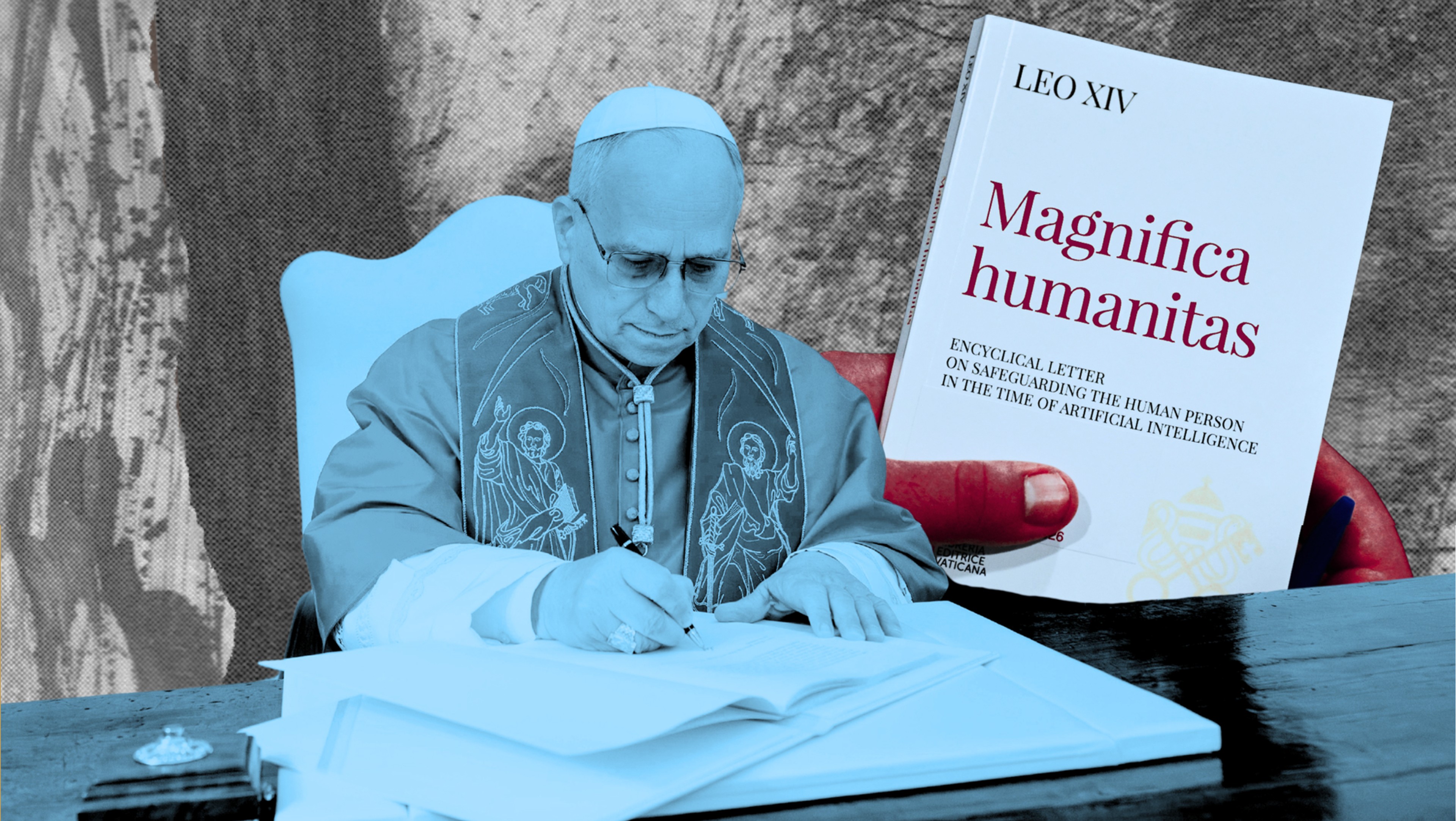 Pope Leo XIV signs "Magnifica Humanitas" at the Apostolic Palace on May 25, 2026 in Vatican City. Noema Staff for Noema Magazine.