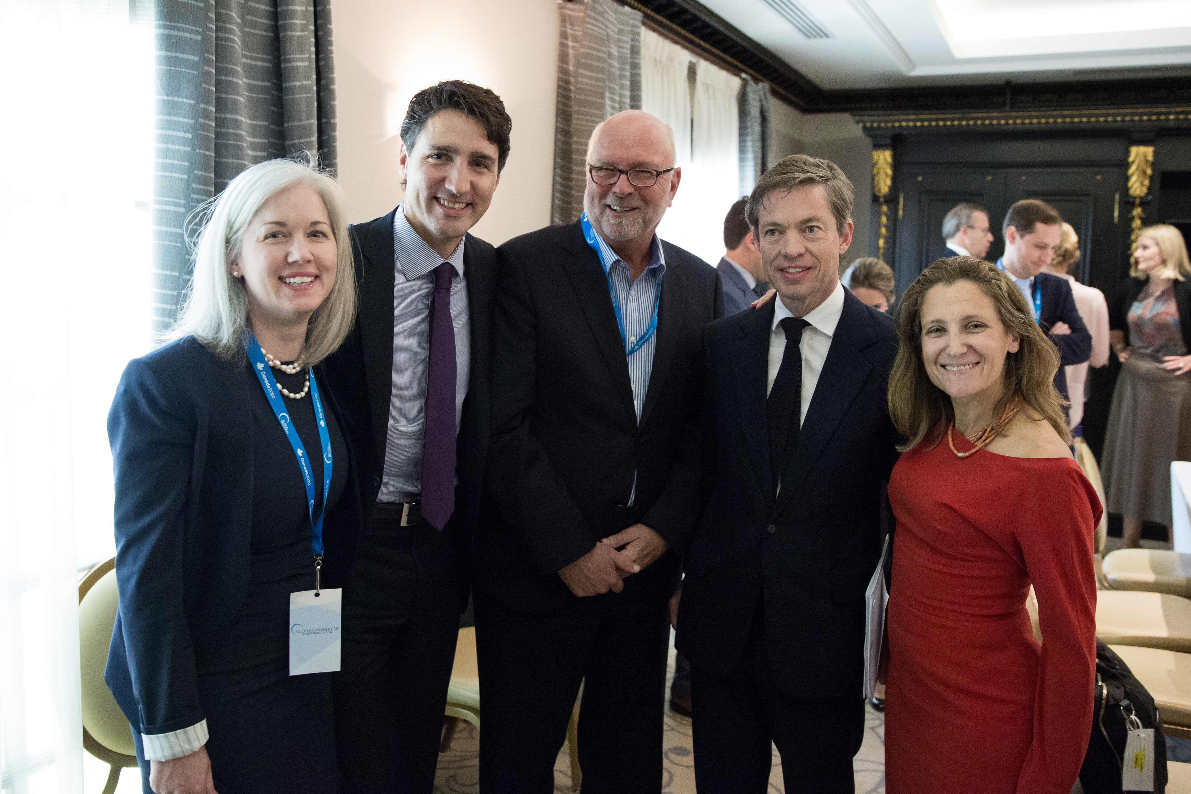 L-R: Dawn Nakagawa, Justin Trudeau, Nathan Gardels, Nicolas Berggruen, and Chrystia Freeland at launch of Democracy for the Digital Society Projec