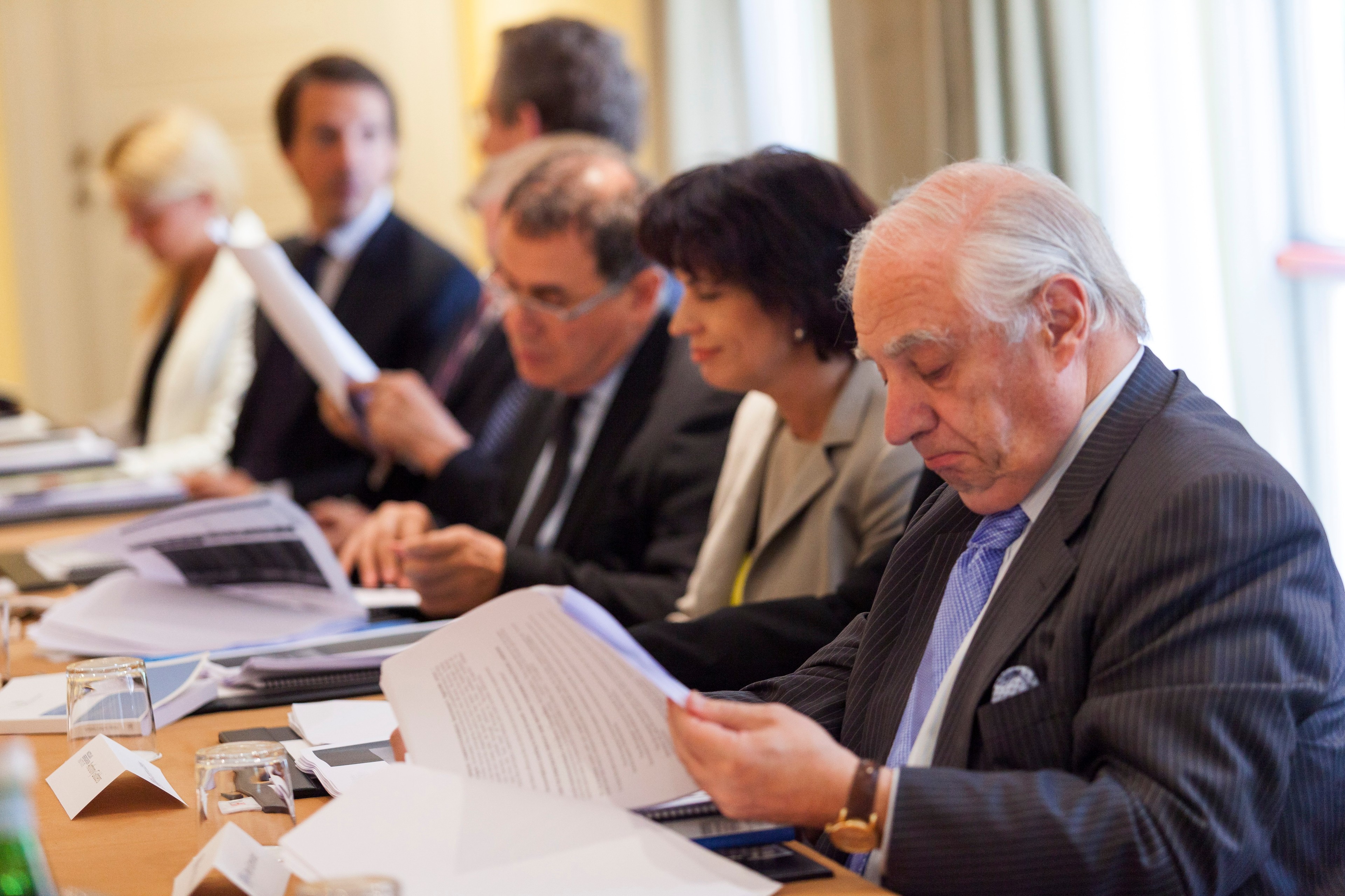 Nouriel Roubini, Doris Leuthard, and Peter Sutherland at CFE meeting in Rome