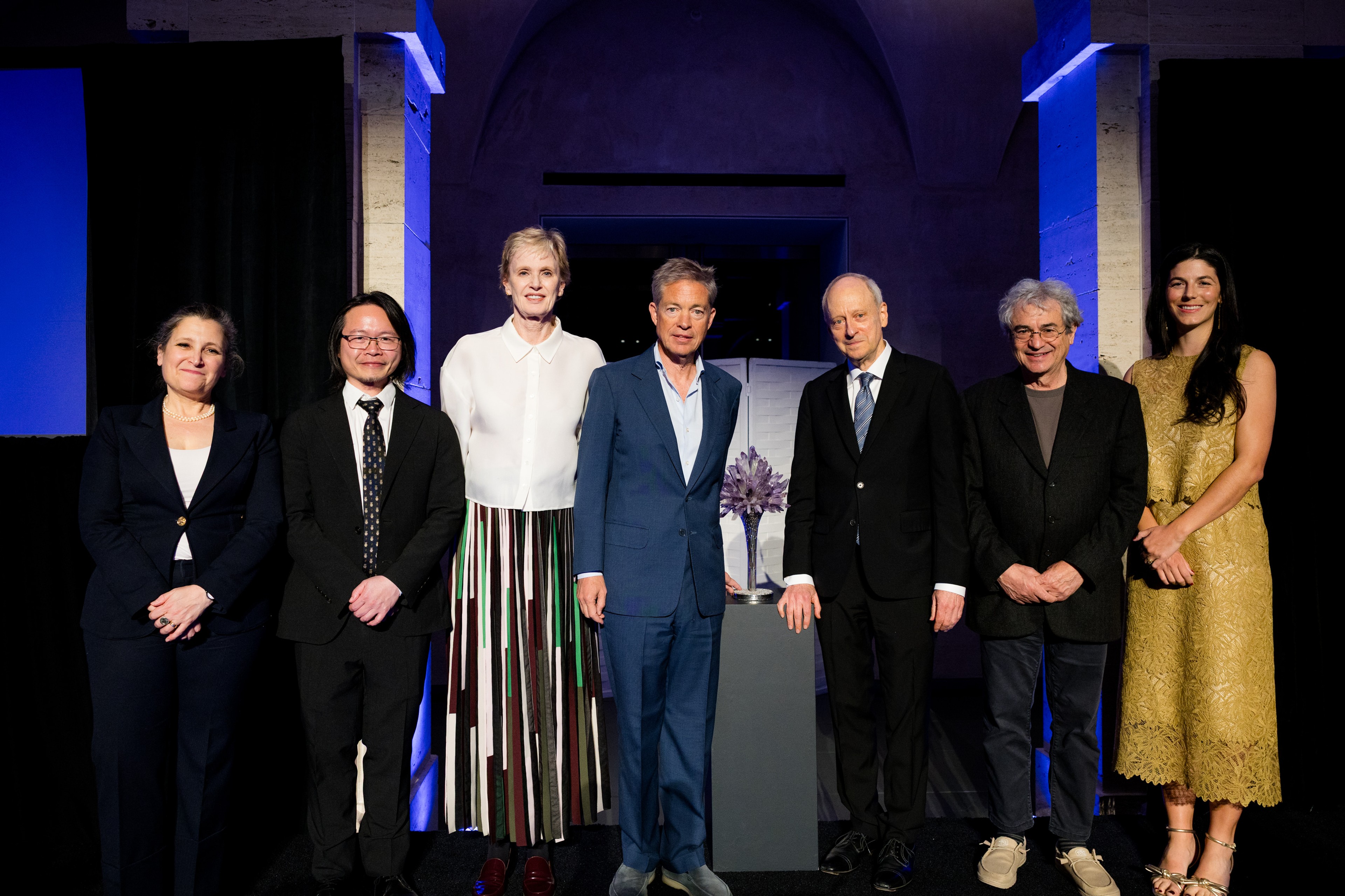 L-R Chrystia Freeland, Yuk Hui, Siri Hustvedt, Nicolas Berggruen, Michael Sandel, Carlo Rovelli, Nicole Grunwald Silver