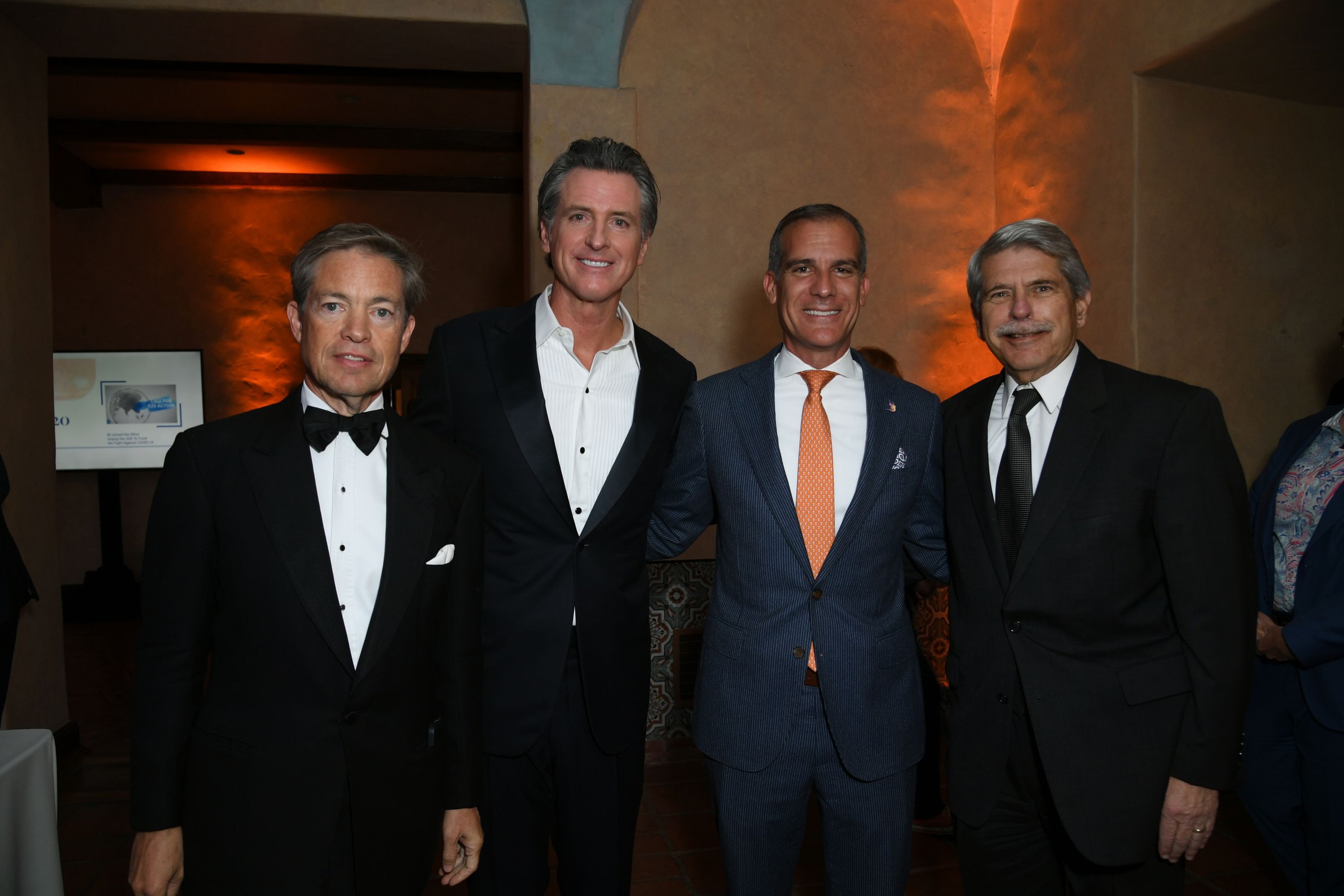 (L-R) Guests Gavin Newsom, Eric Garcetti, and Zev Yaroslavsky attend the Berggruen Prize Award Ceremony and Berggruen Institute 10-Year Anniversary at the Beverly Estate on May 4, 2022, in Beverly Hills, CA.