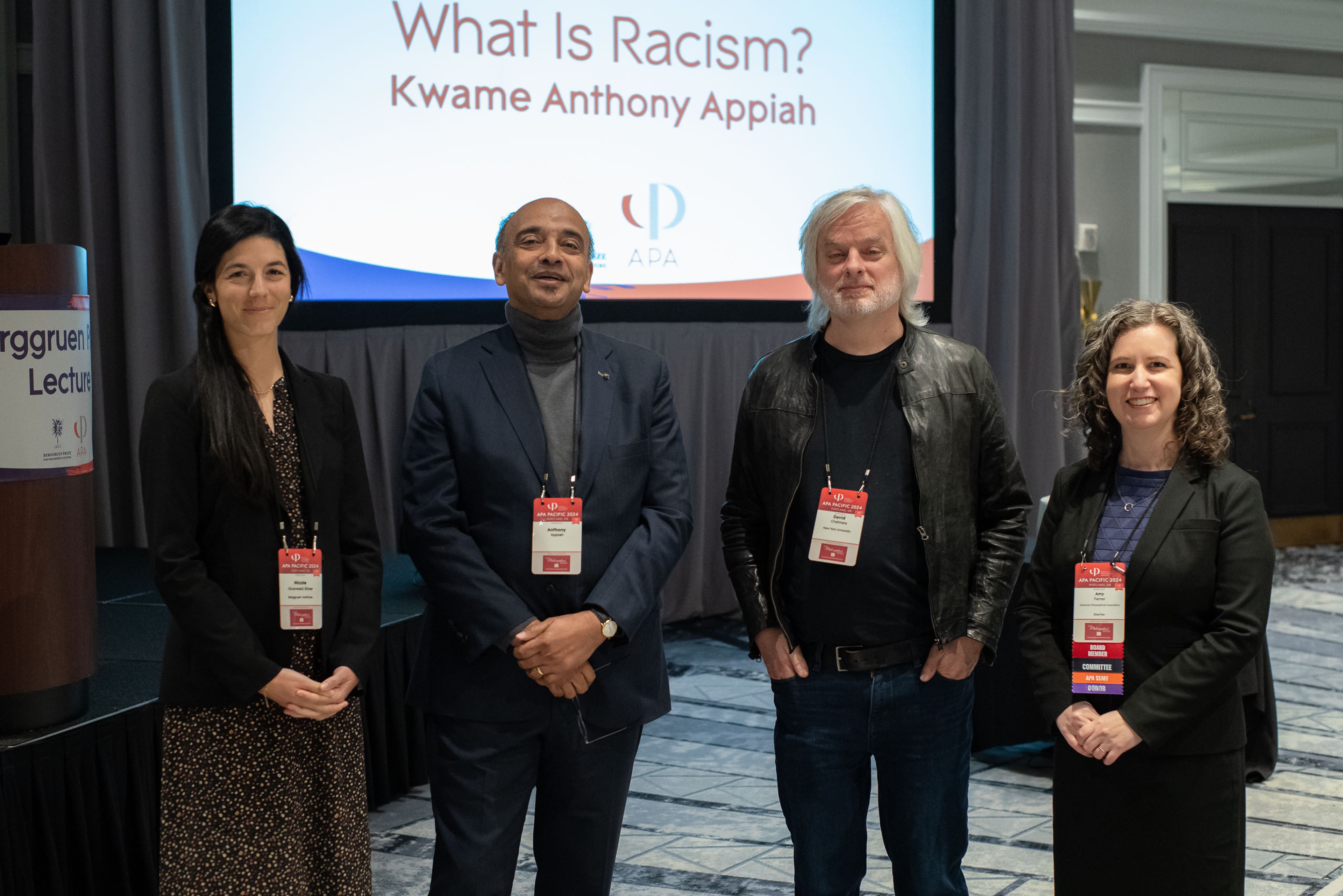 (L-R) Nicole Grunwald Silver (Associate Director, Berggruen Prize), Kwame Anthony Appiah (Professor of Philosophy and Law, New York University), David Chalmers (Professor of Philosophy, NYU), Amy Ferrer (Executive Director, APA)