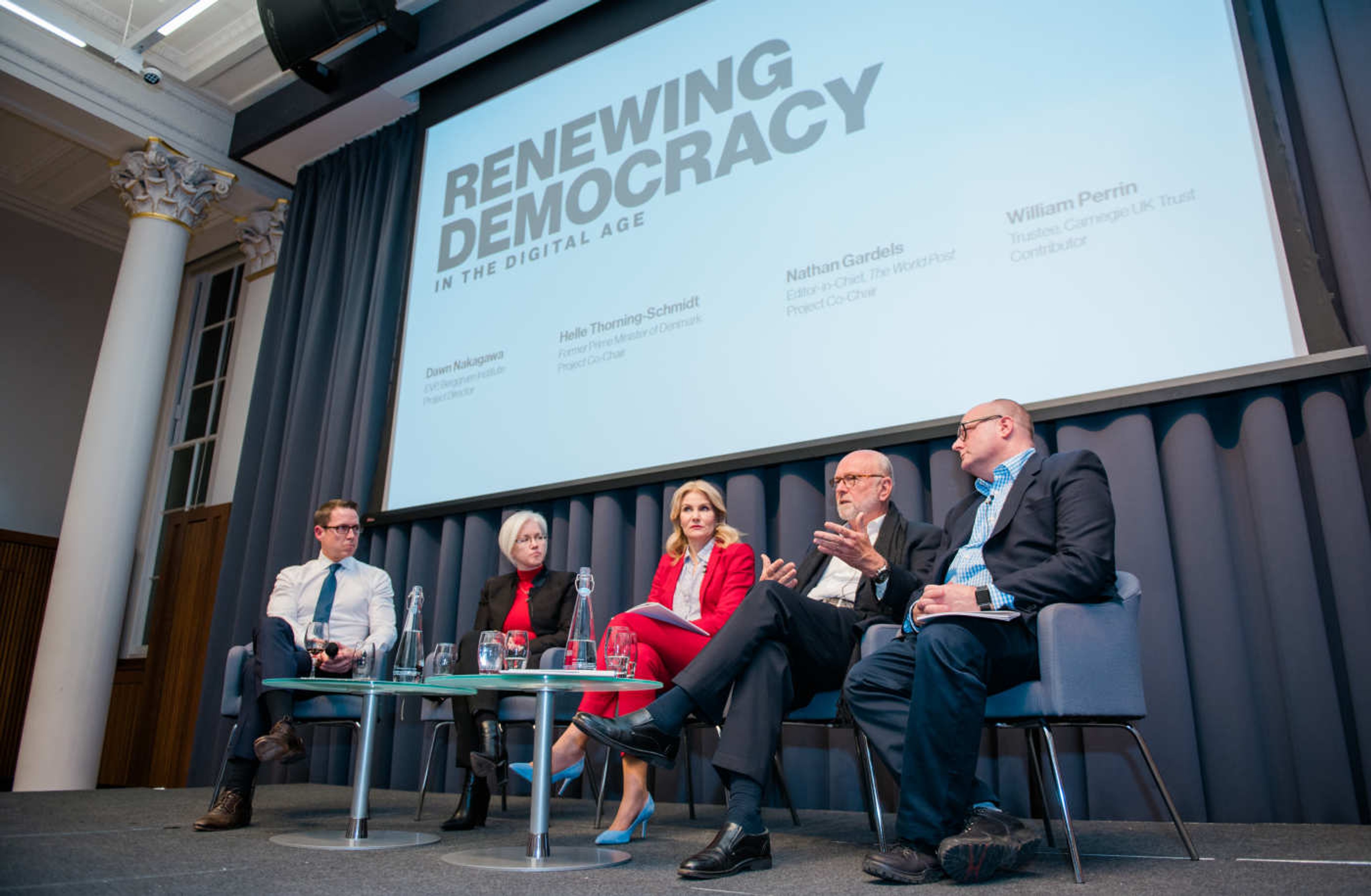 Matthew Browne, Dawn Nakagawa, Helle Thorning-Schmidt, Nathan Gardels, and William Perrin at Launch of "Renewing Democracy in the Digital Age" in London