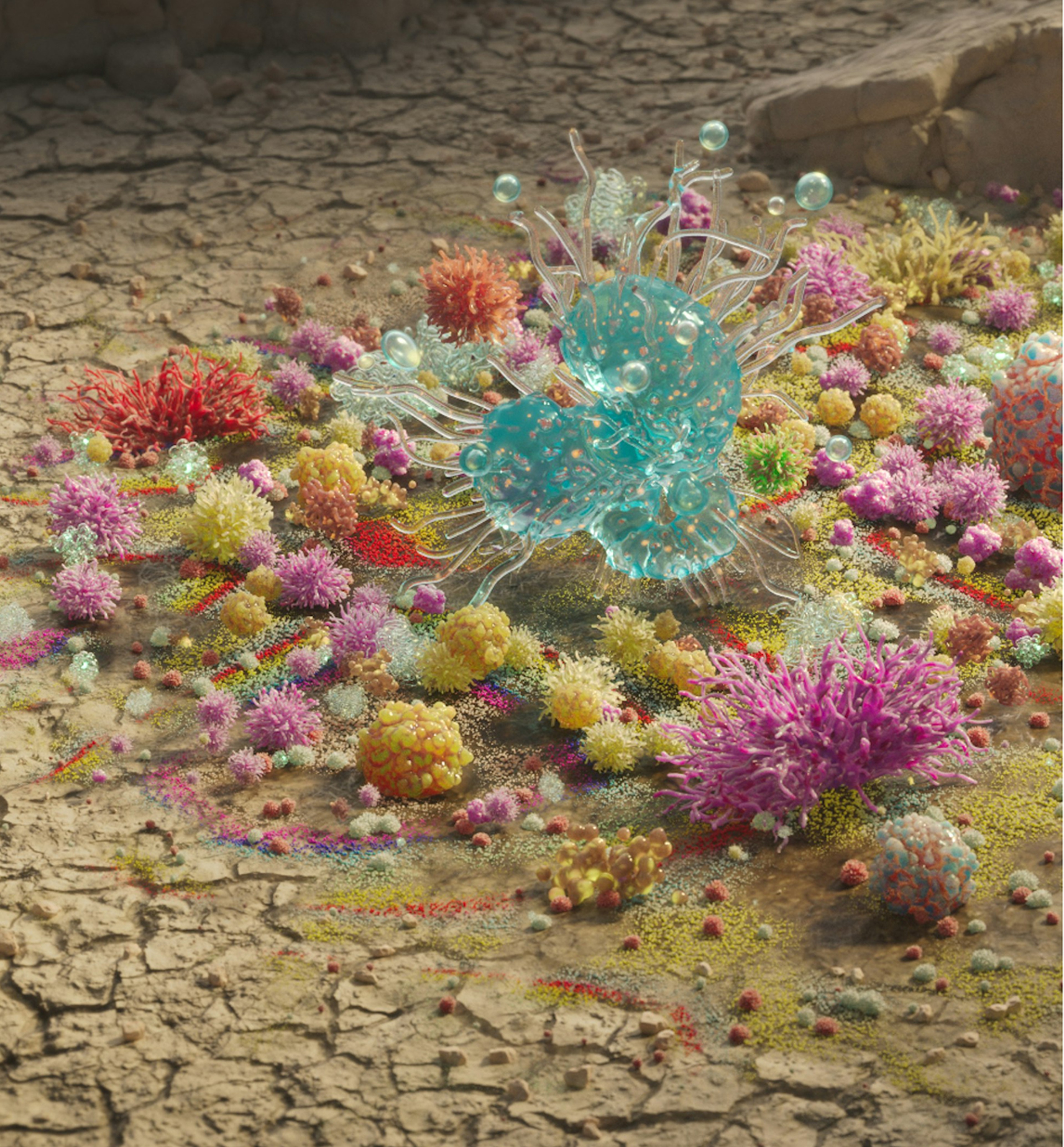 Finn Berenbroek for Noema Magazine. An artistic imagining of bacteria, not a scientific image.